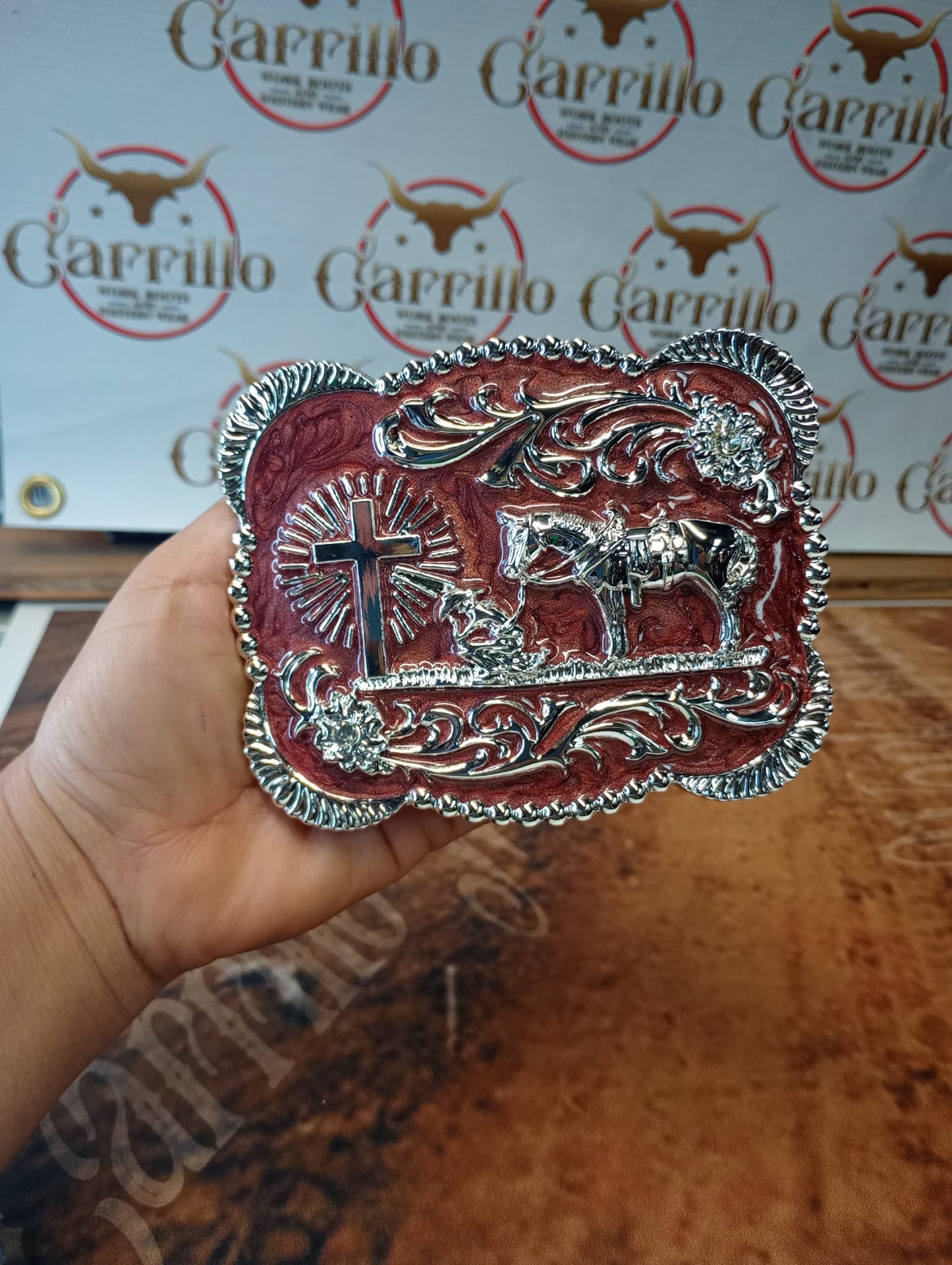 Hebilla de metal Oracion Al Vaquero fondo Vino Para Caballero