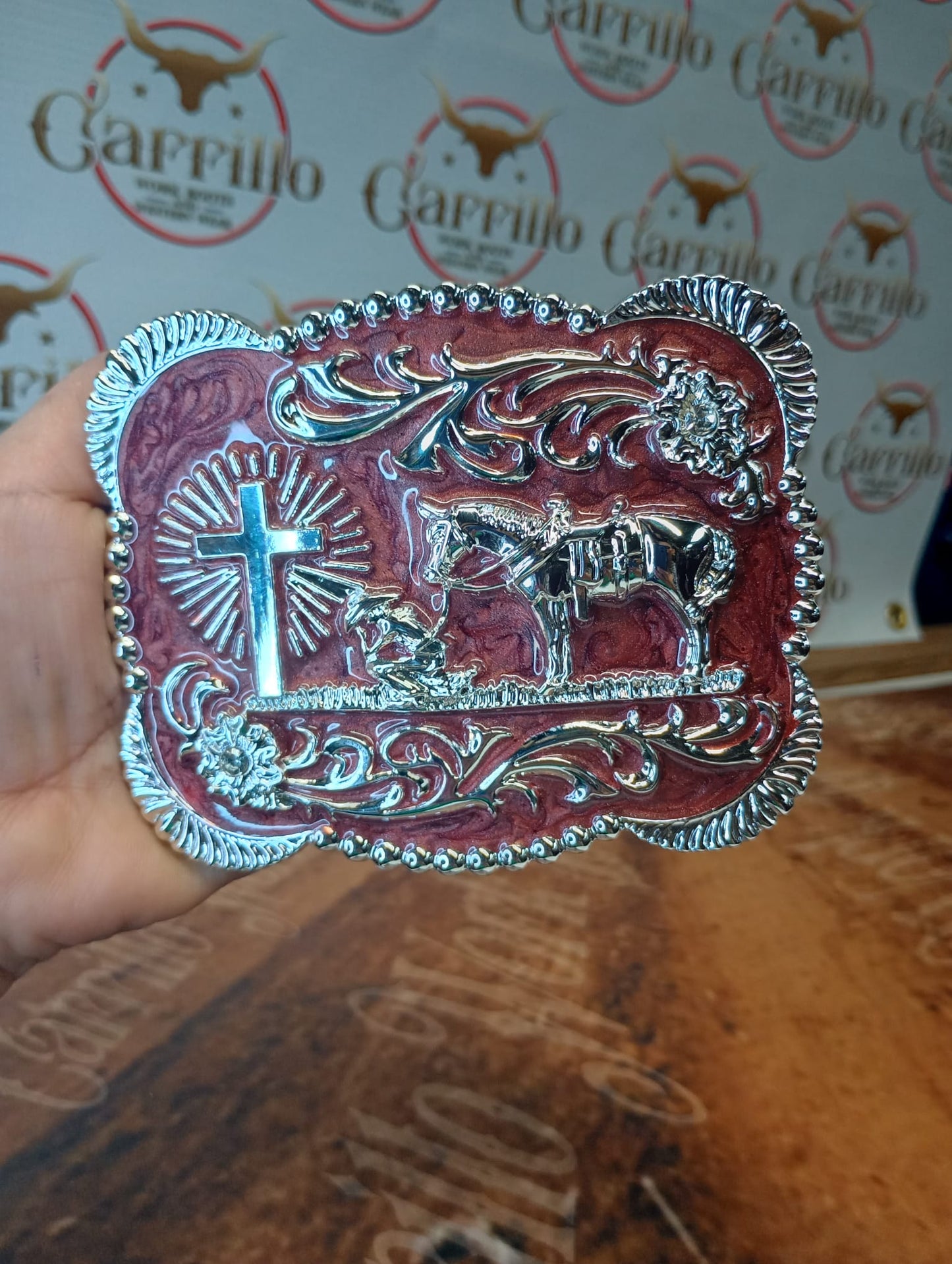 Hebilla de metal Oracion Al Vaquero fondo Vino Para Caballero