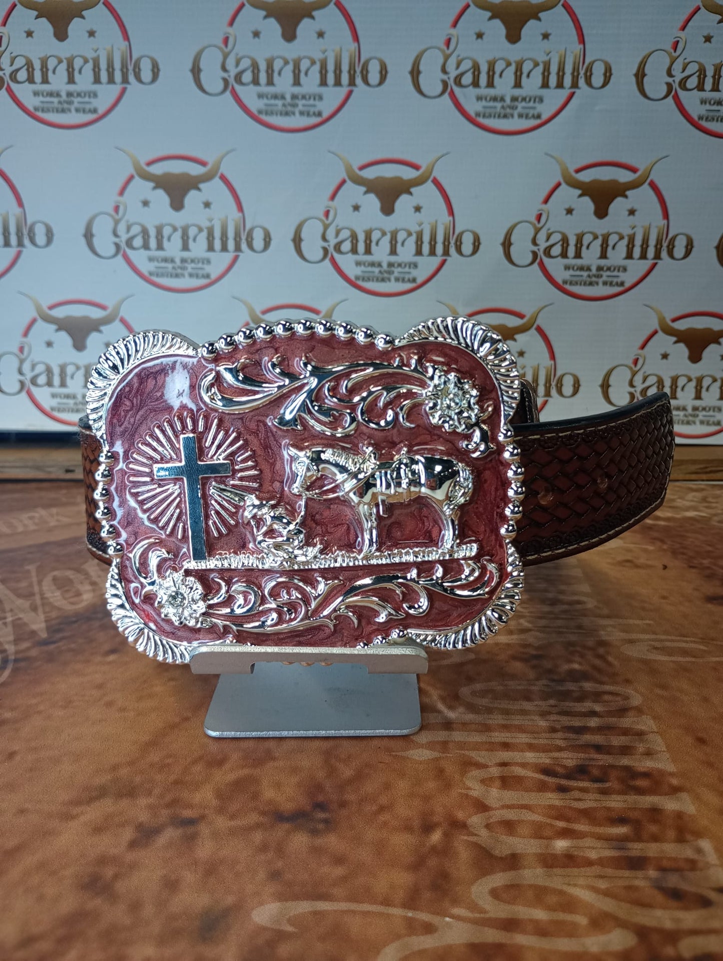Hebilla de metal Oracion Al Vaquero fondo Vino Para Caballero