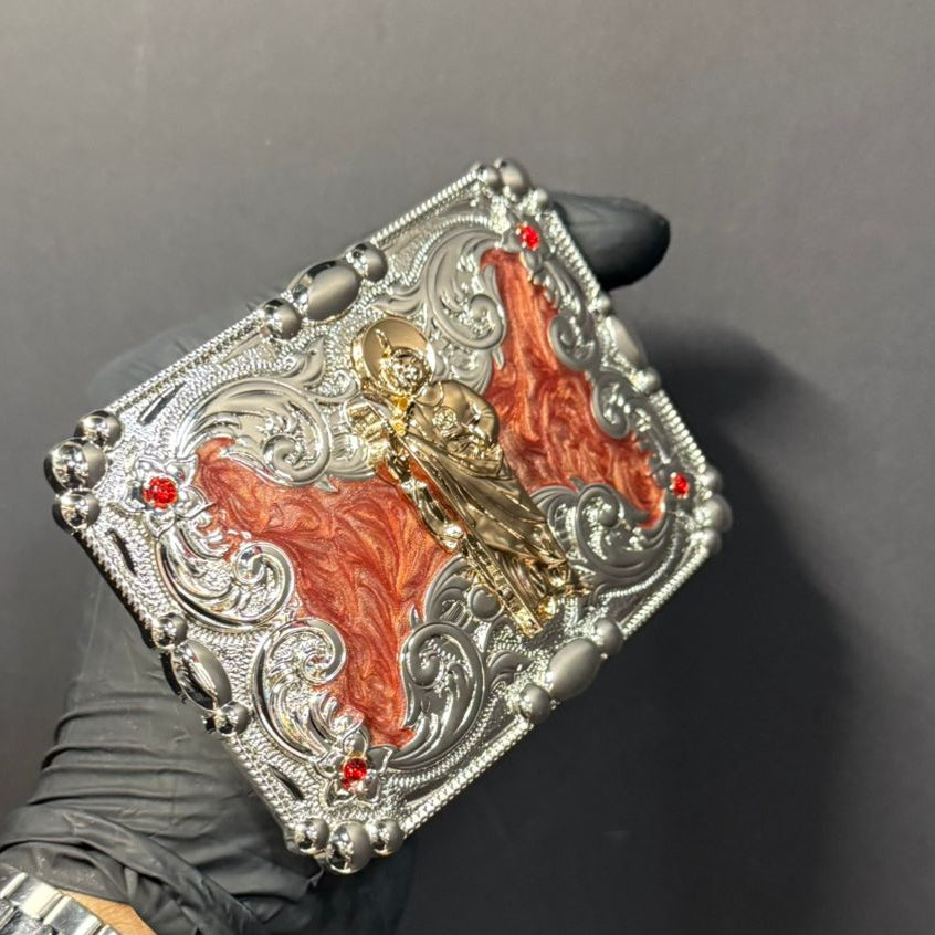 Evilla De Metal San Judas Tadeo For Cinto De Two Inches Western Belt Buckle with Detailed Design and Red Accents