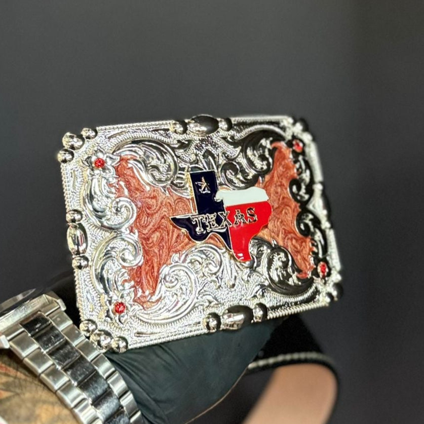 Evilla De Metal State of Texas Belt Buckle for 2-inch Belts Western Design with Red Accents and Texas Flag Motif
