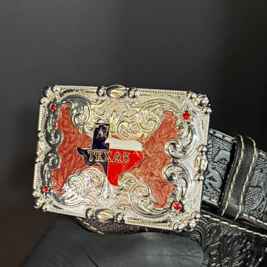 Evilla De Metal State of Texas Belt Buckle for 2-inch Belts Western Design with Red Accents and Texas Flag Motif