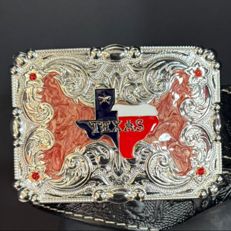 Evilla De Metal State of Texas Belt Buckle for 2-inch Belts Western Design with Red Accents and Texas Flag Motif