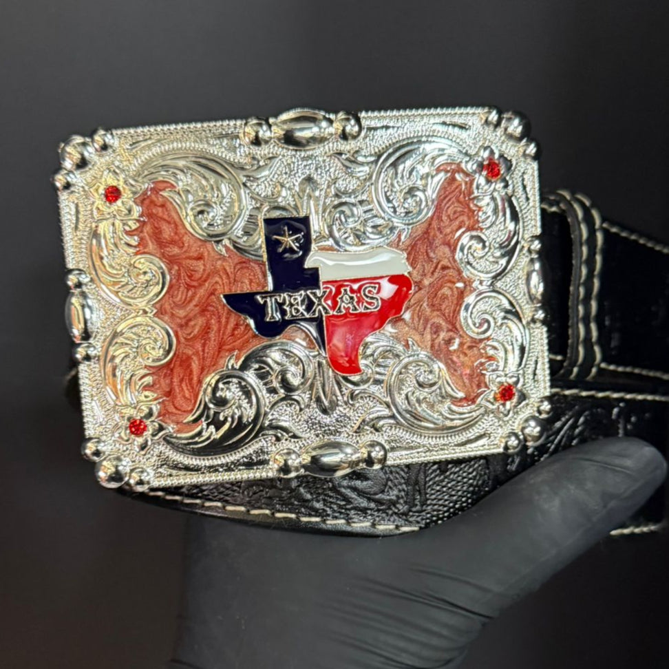 Evilla De Metal State of Texas Belt Buckle for 2-inch Belts Western Design with Red Accents and Texas Flag Motif