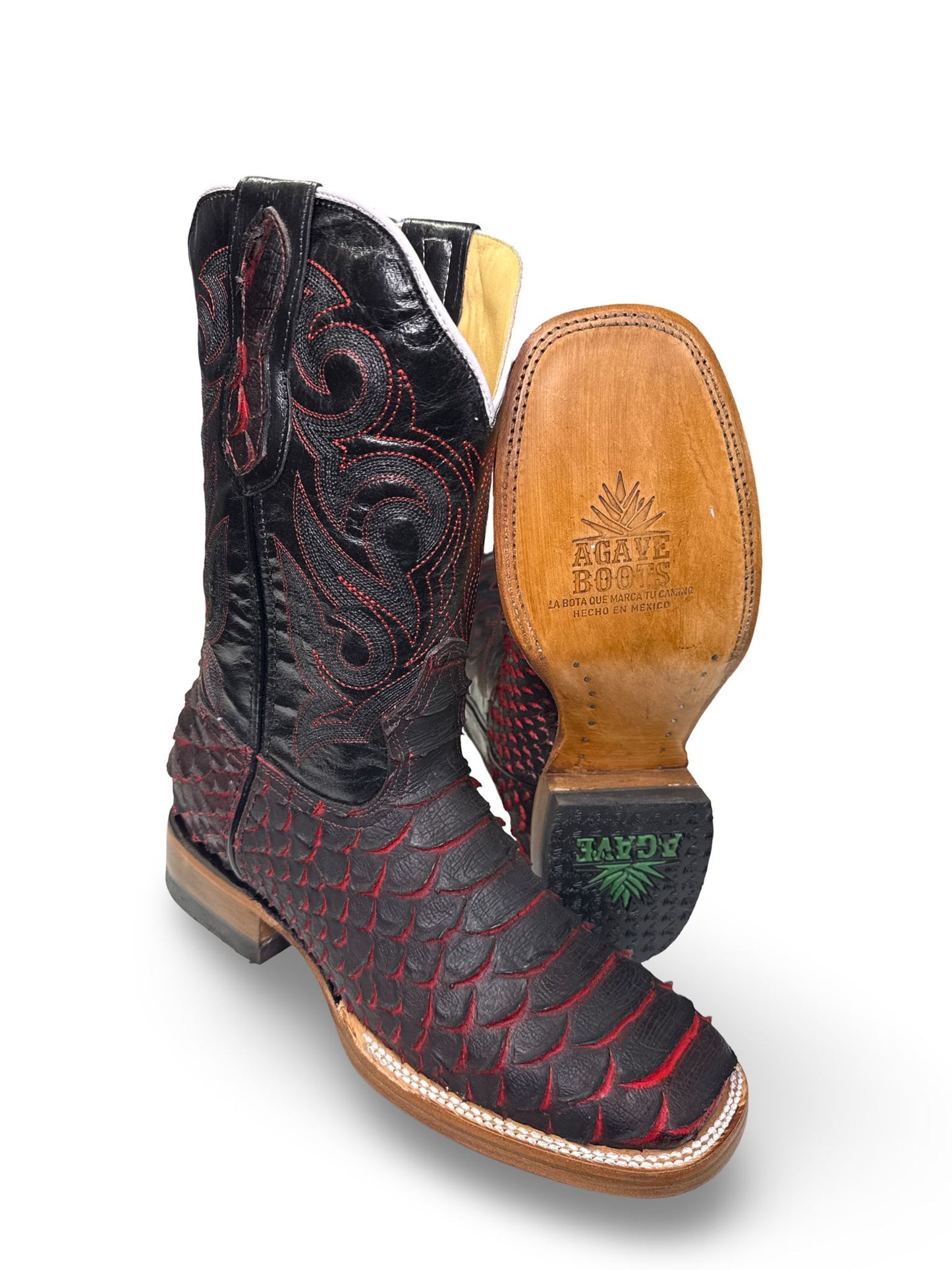 Bota Vaquera Lava Print Piton Jumbo For Caballero - Unique Red & Black Patterns Western Boot Style Made in Mexico Round Toe Summer Footwear Walking Shoes Closed Decor Bedroom