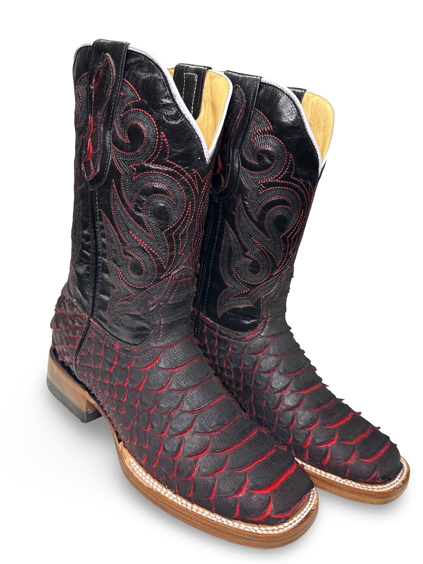 Bota Vaquera Lava Print Piton Jumbo For Caballero - Unique Red & Black Patterns Western Boot Style Made in Mexico Round Toe Summer Footwear Walking Shoes Closed Decor Bedroom
