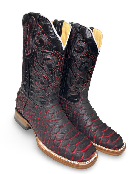 Bota Vaquera Lava Print Piton Jumbo For Caballero - Unique Red & Black Patterns Western Boot Style Made in Mexico Round Toe Summer Footwear Walking Shoes Closed Decor Bedroom