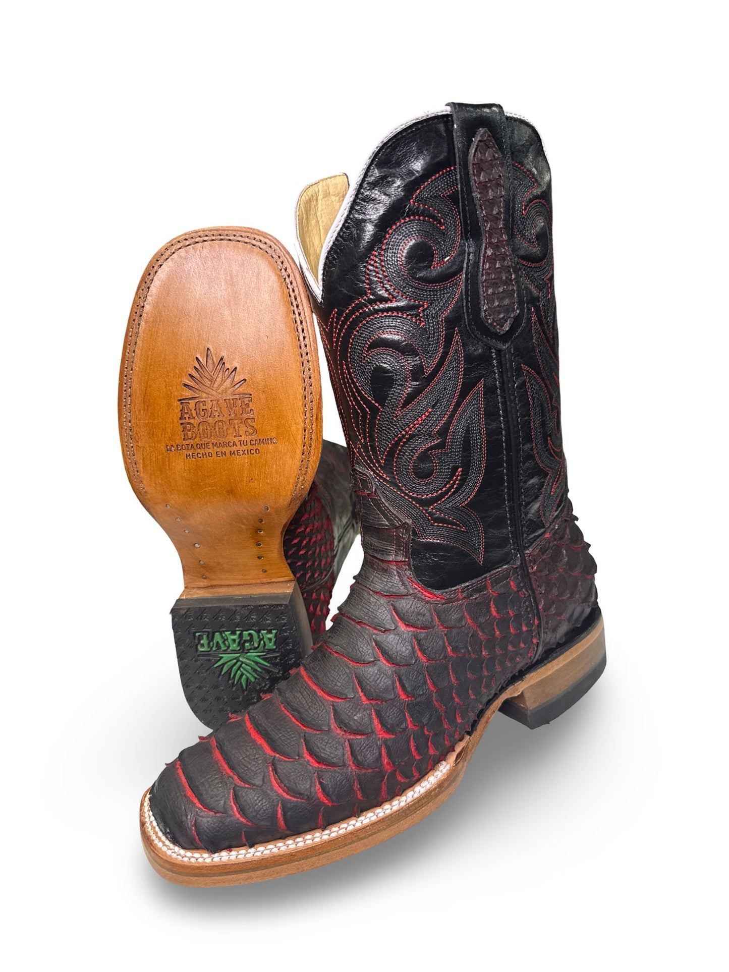 Bota Vaquera Lava Print Piton Jumbo For Caballero - Unique Red & Black Patterns Western Boot Style Made in Mexico Round Toe Summer Footwear Walking Shoes Closed Decor Bedroom
