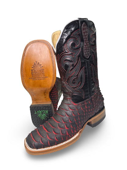 Bota Vaquera Lava Print Piton Jumbo For Caballero - Unique Red & Black Patterns Western Boot Style Made in Mexico Round Toe Summer Footwear Walking Shoes Closed Decor Bedroom
