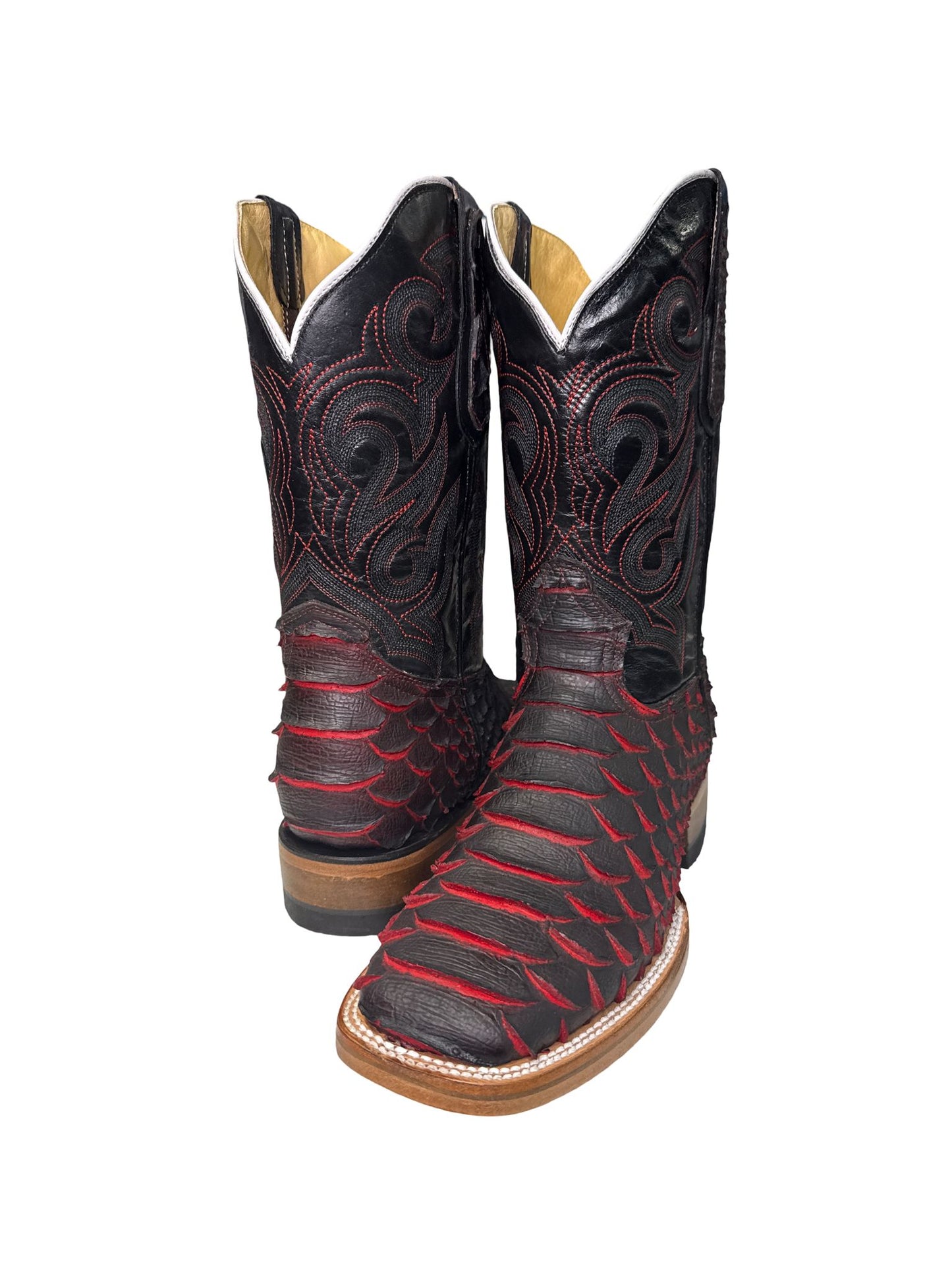 Bota Vaquera Lava Print Piton Jumbo For Caballero - Unique Red & Black Patterns Western Boot Style Made in Mexico Round Toe Summer Footwear Walking Shoes Closed Decor Bedroom