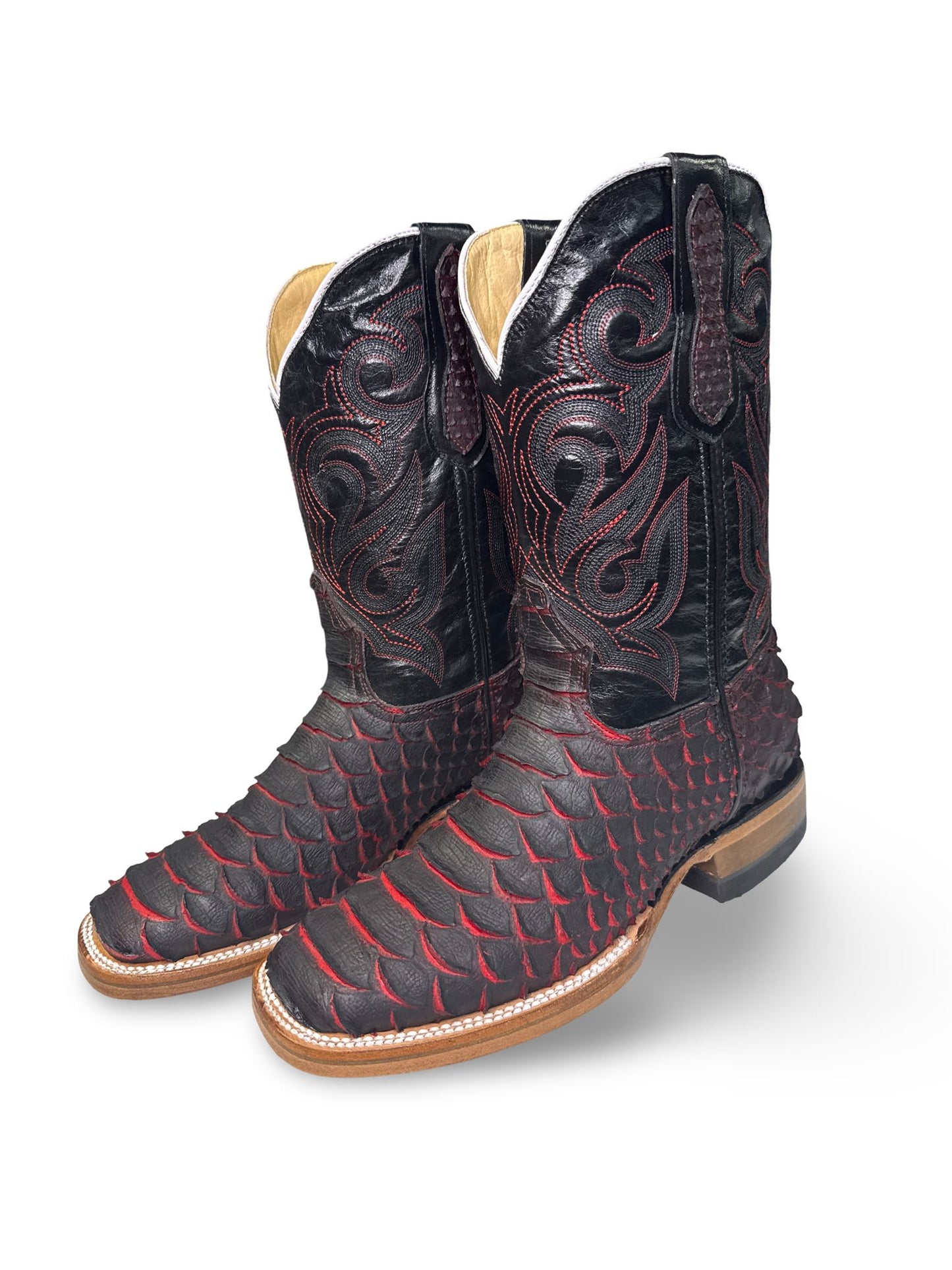 Bota Vaquera Lava Print Piton Jumbo For Caballero - Unique Red & Black Patterns Western Boot Style Made in Mexico Round Toe Summer Footwear Walking Shoes Closed Decor Bedroom