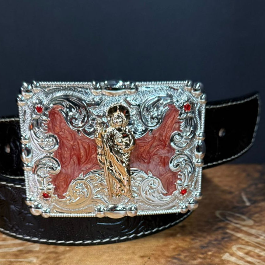 Evilla De Metal San Judas Tadeo For Cinto De Two Inches Western Belt Buckle with Detailed Design and Red Accents