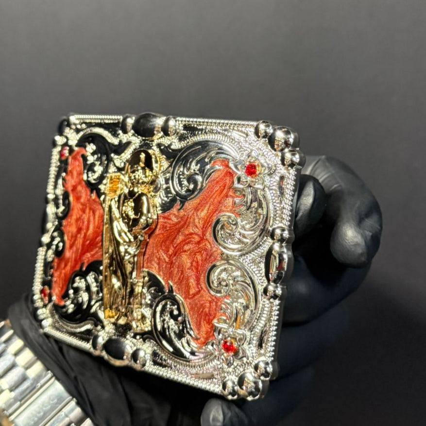 Evilla De Metal San Judas Tadeo For Cinto De Two Inches Western Belt Buckle with Detailed Design and Red Accents