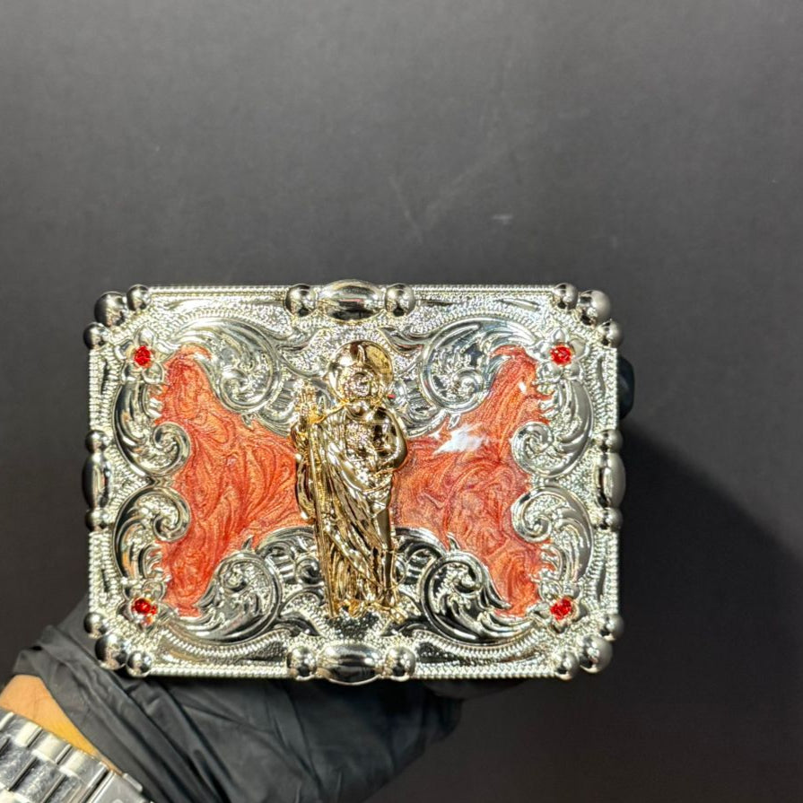 Evilla De Metal San Judas Tadeo For Cinto De Two Inches Western Belt Buckle with Detailed Design and Red Accents