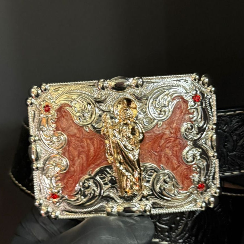 Evilla De Metal San Judas Tadeo For Cinto De Two Inches Western Belt Buckle with Detailed Design and Red Accents